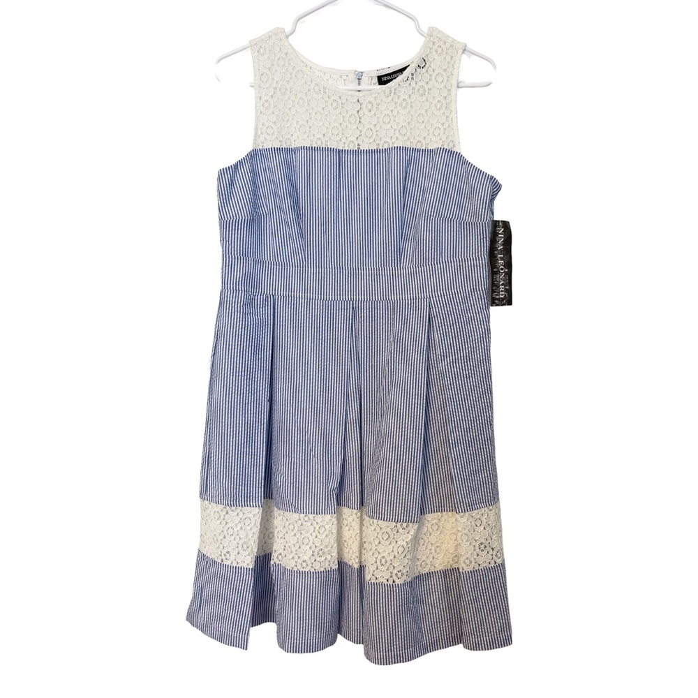 Sleeveless Striped Mini Dress with Pleated Skirt & Cotton Eyelet Fabric NEW